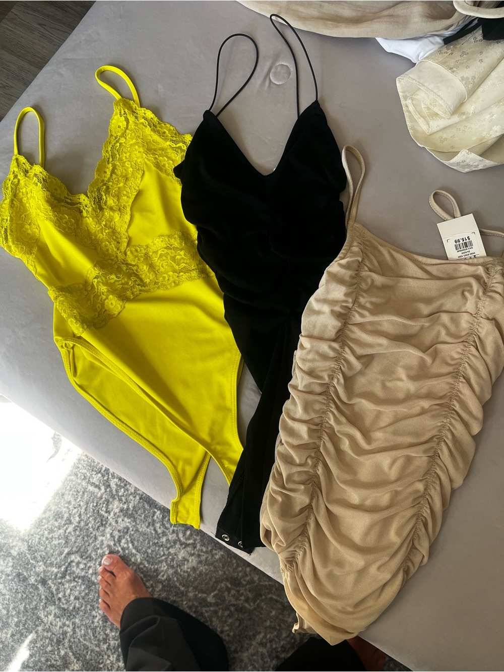 ZARA BUNDLEWomen’s Spaghetti Strap Ruched & Lace Bodysuit - Yellow, Black, Beige